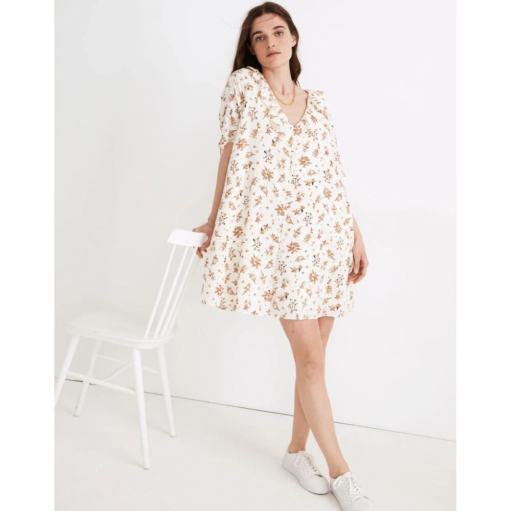 Madewell Ruffle Button-Front Trapeze Dress M White Floral Short Sleeve Whimsy